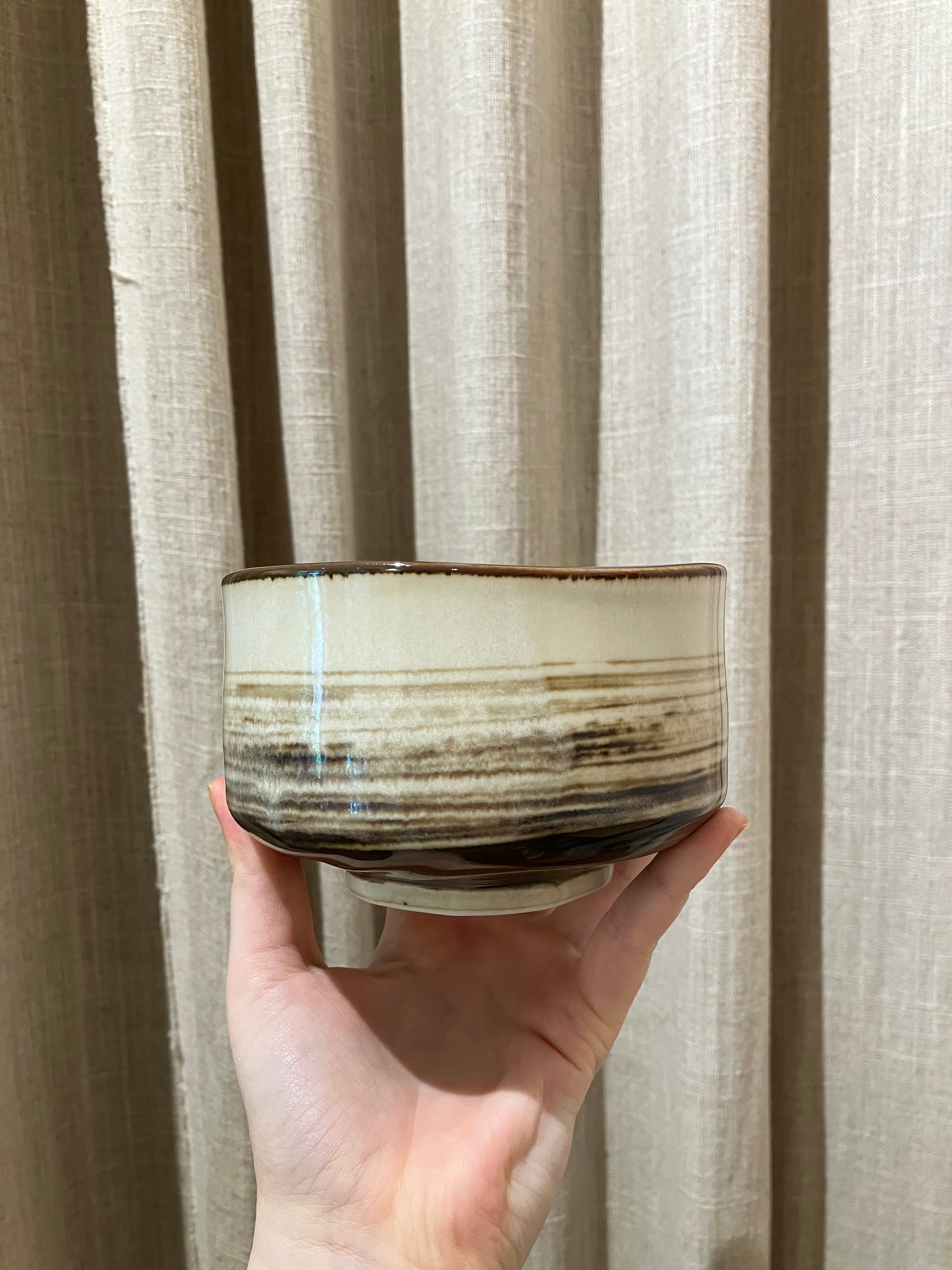 Matcha cup - Beige glaze and brown / gray stripes