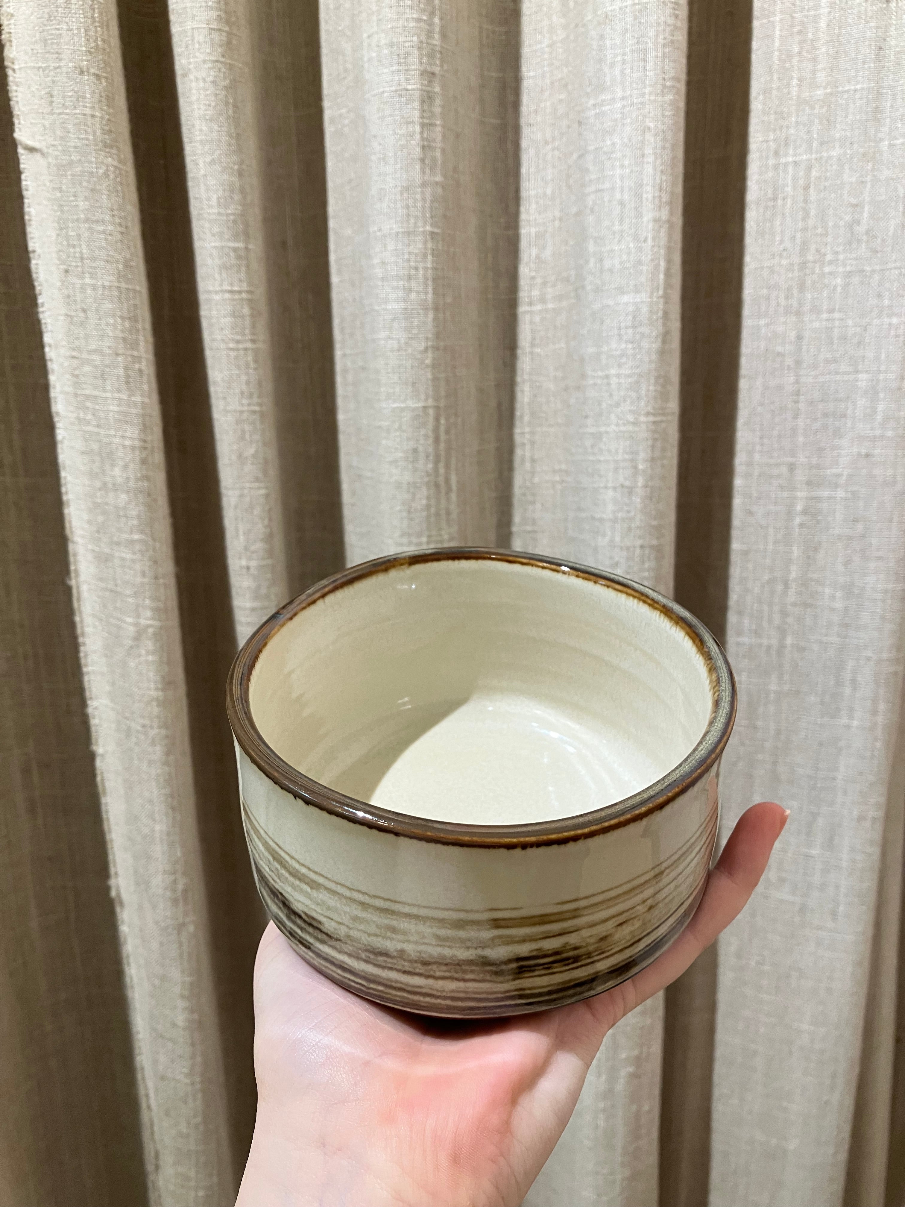 Matcha cup - Beige glaze and brown / gray stripes