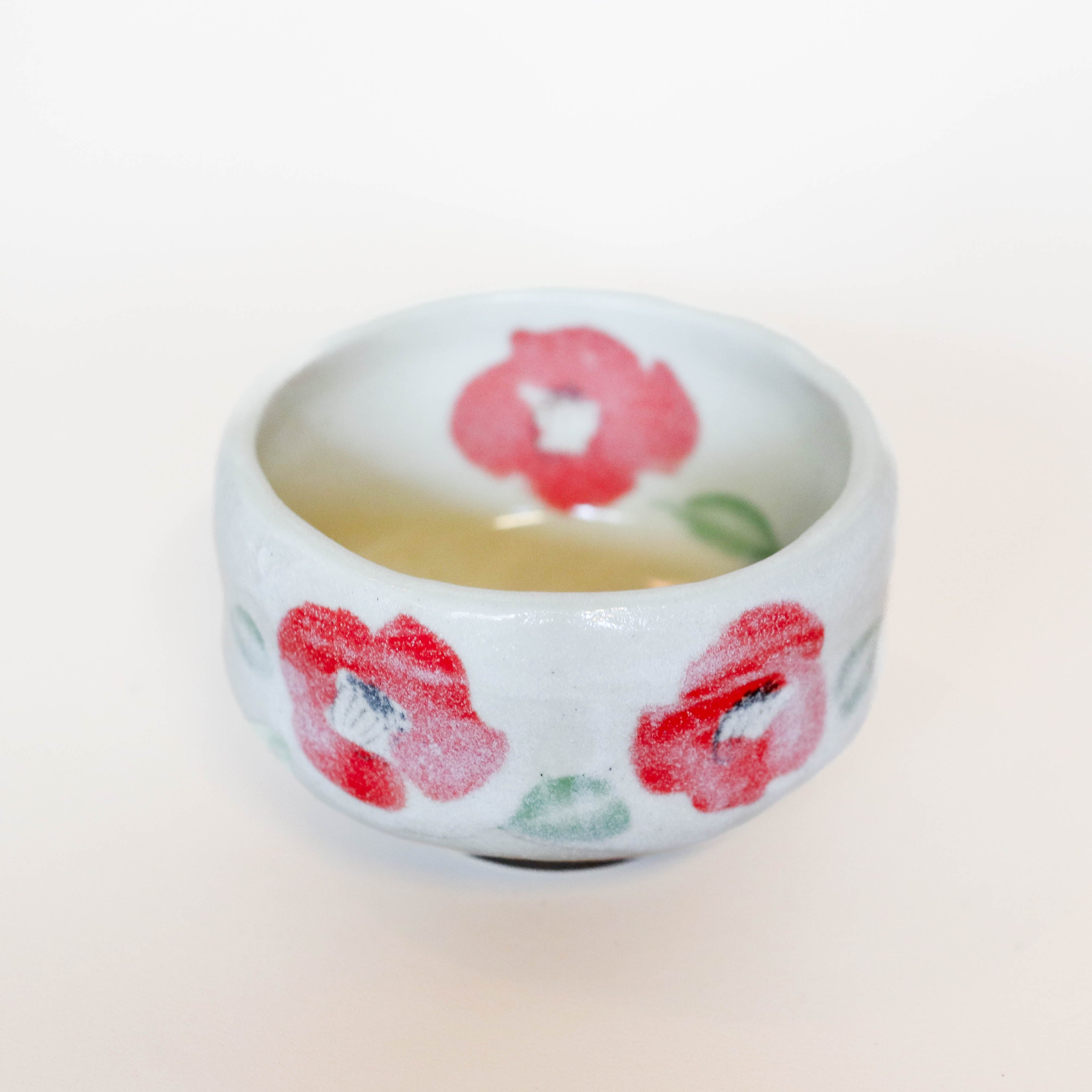 Matcha cup - Small with white glaze and red flowers