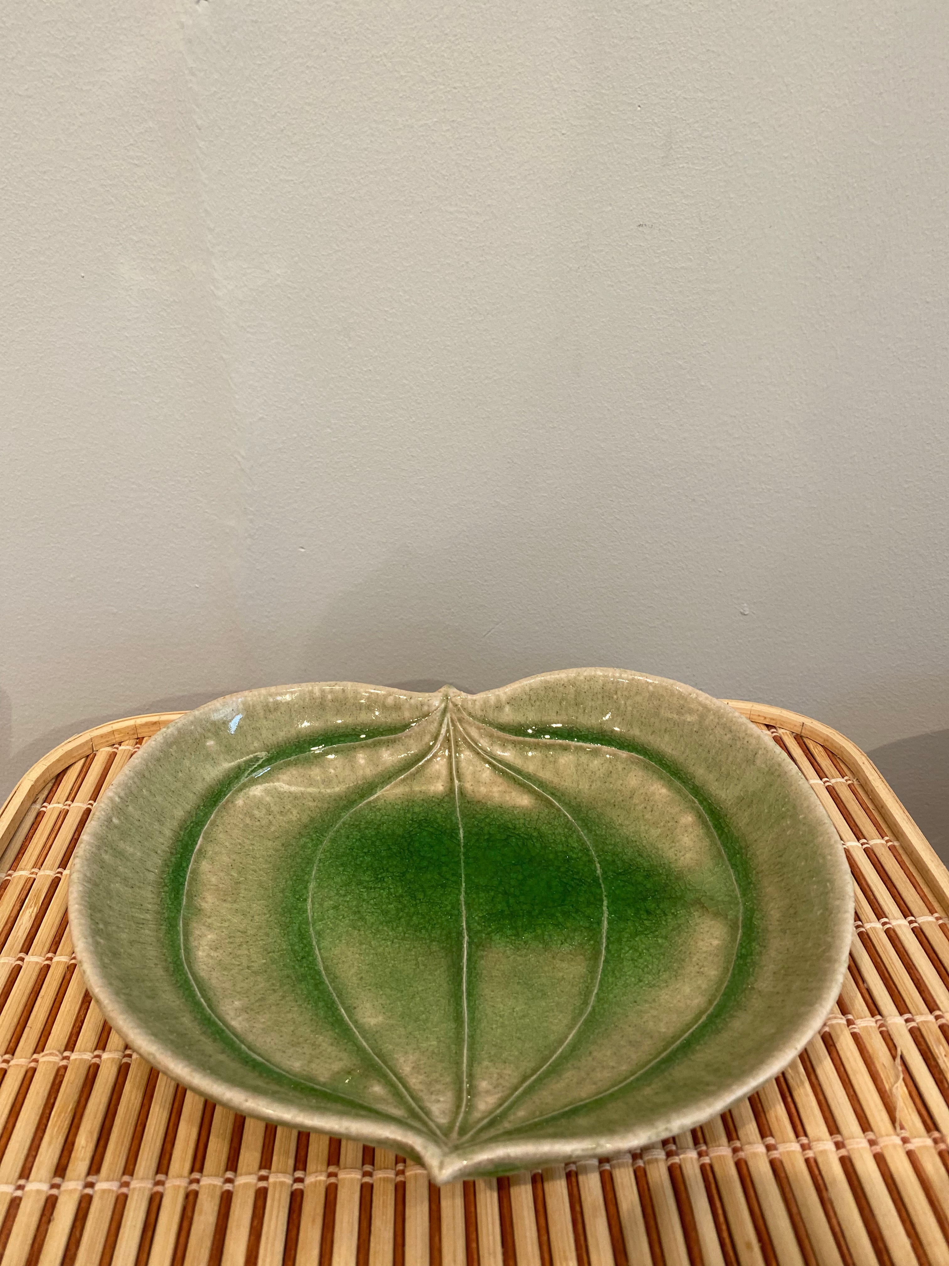 Leaf dish with green crackled glaze