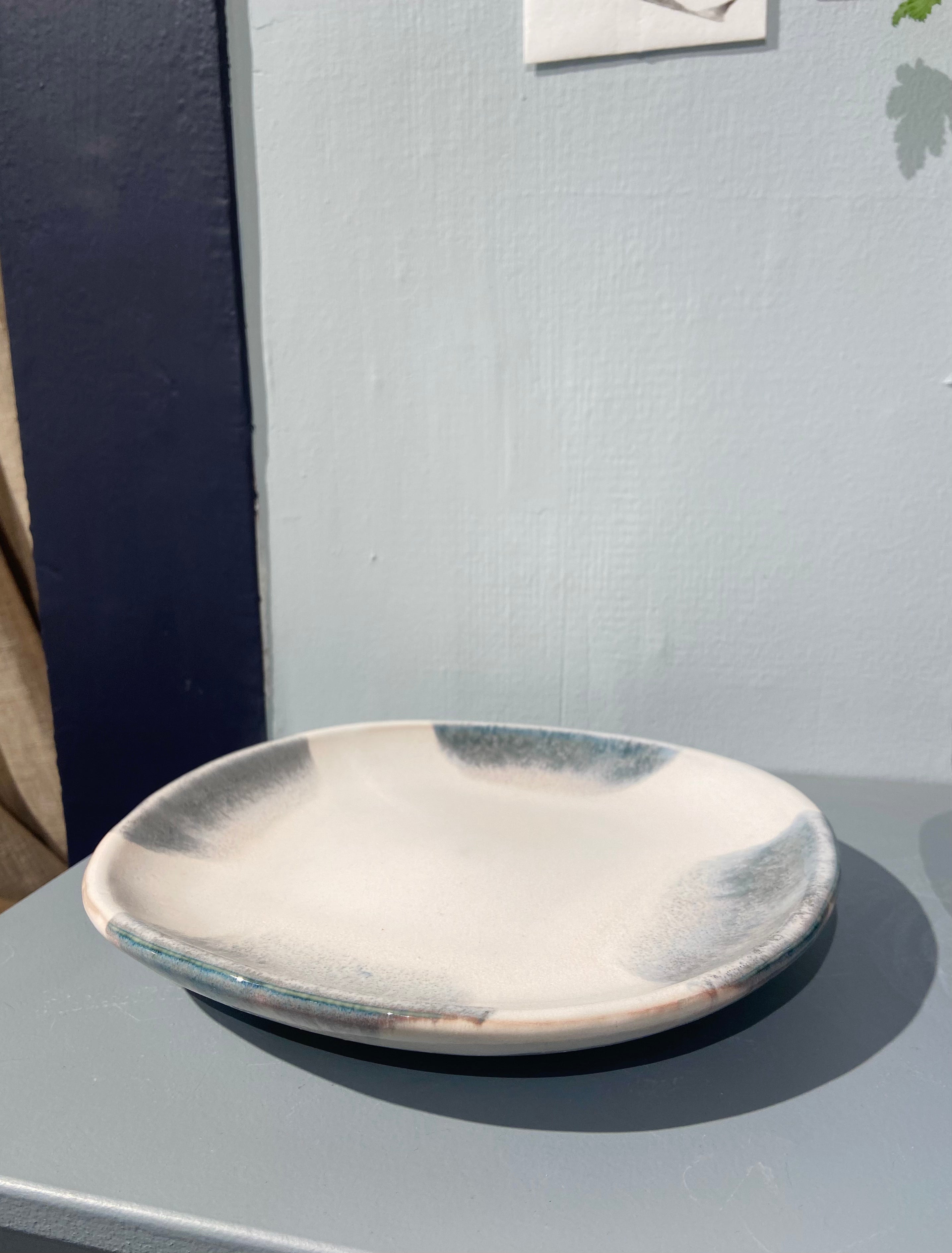 Handmade dish white with blue-grey glaze