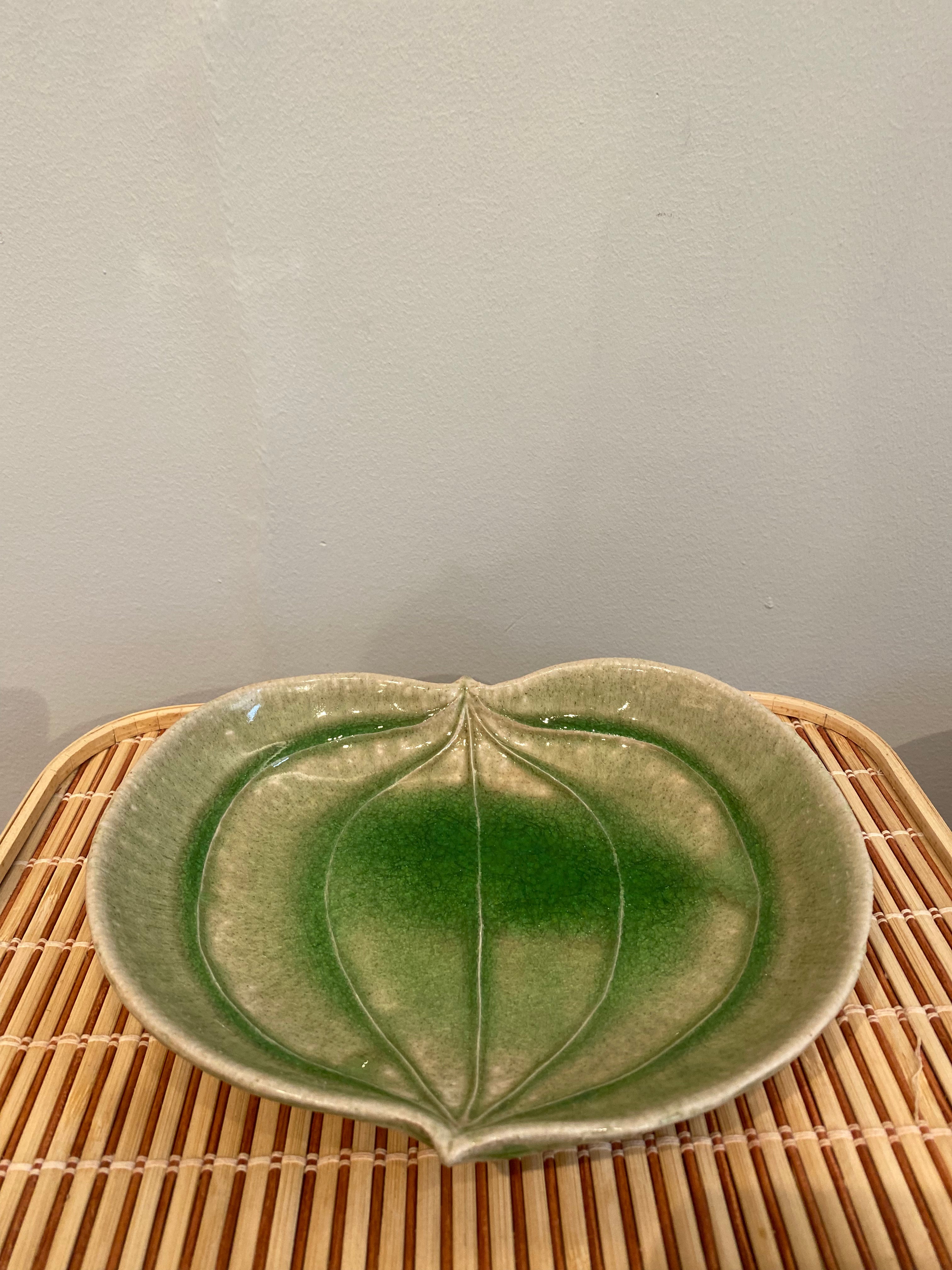 Leaf dish with green crackled glaze