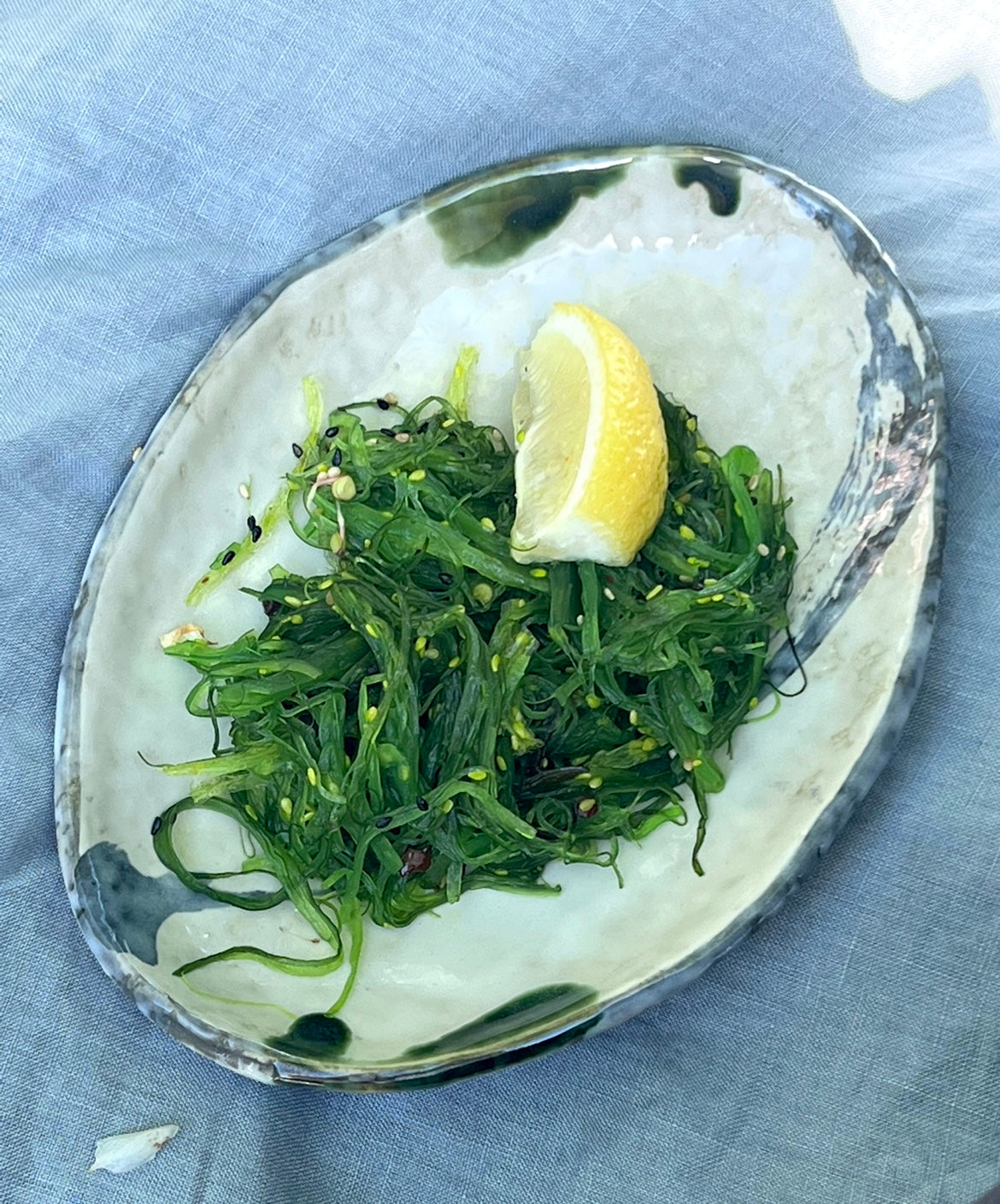 Japanese dish with blue and green pattern, medium