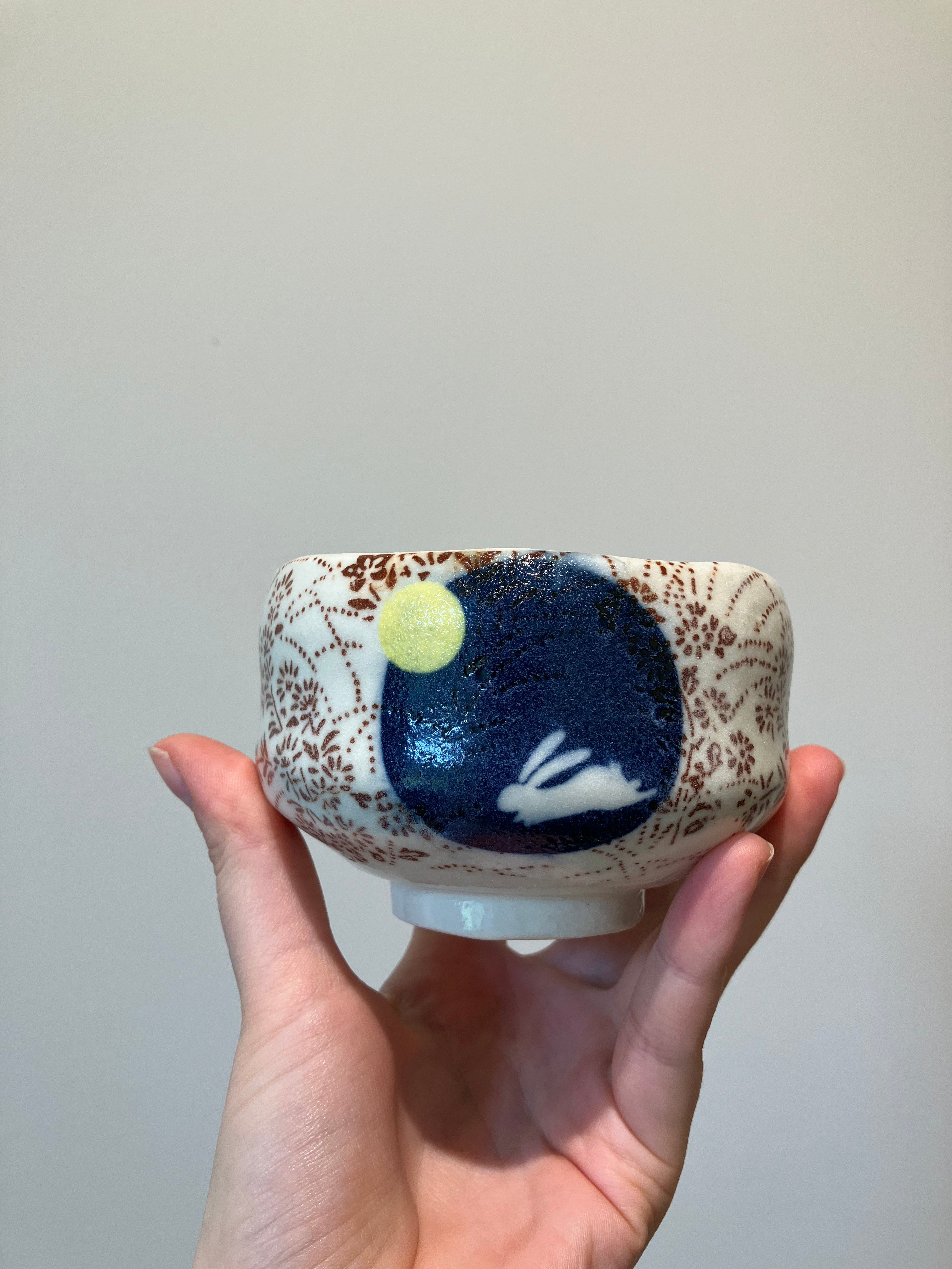 Matcha cup - Small with brown pattern, moon and rabbit