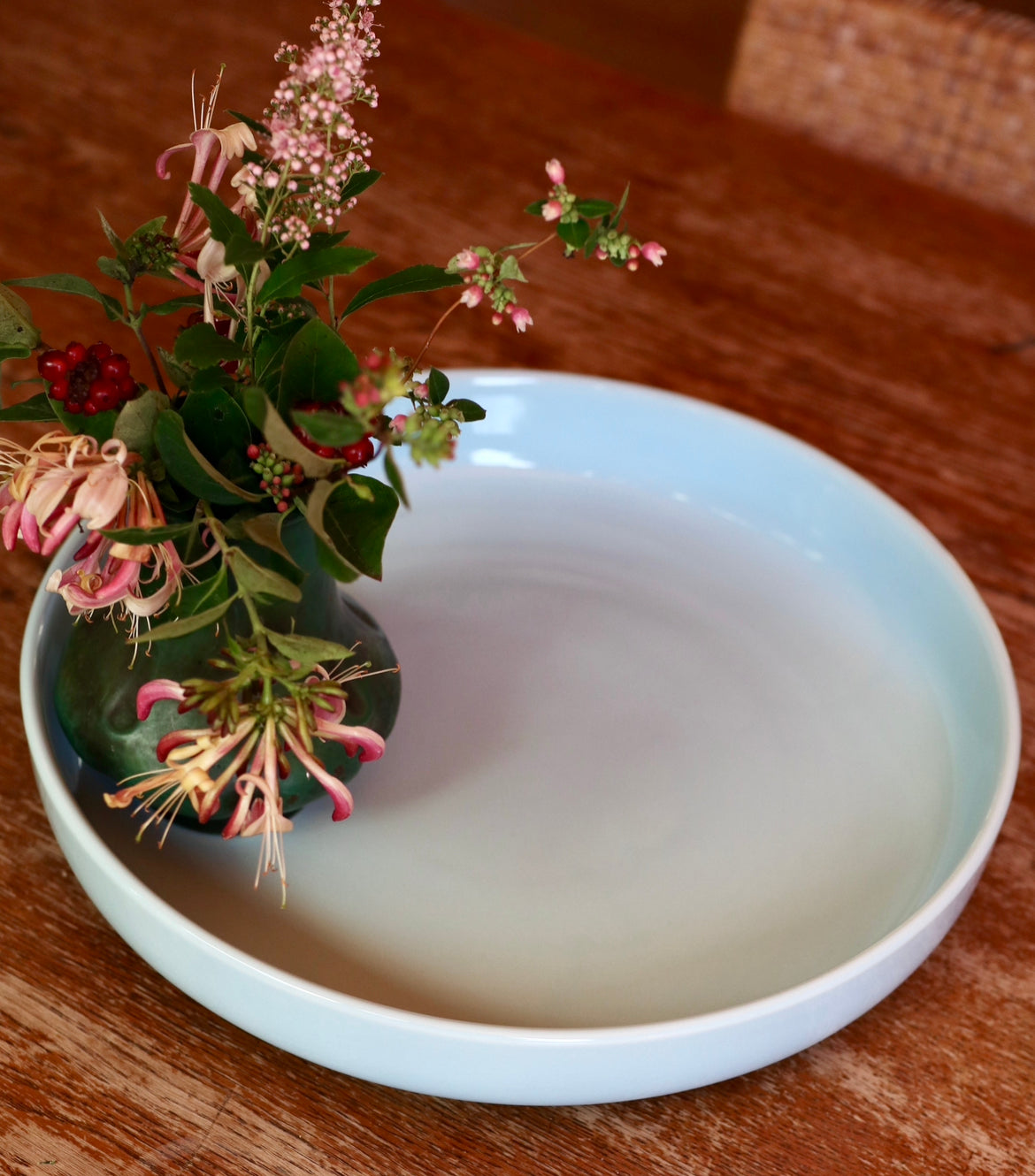 Large dish with light blue glaze