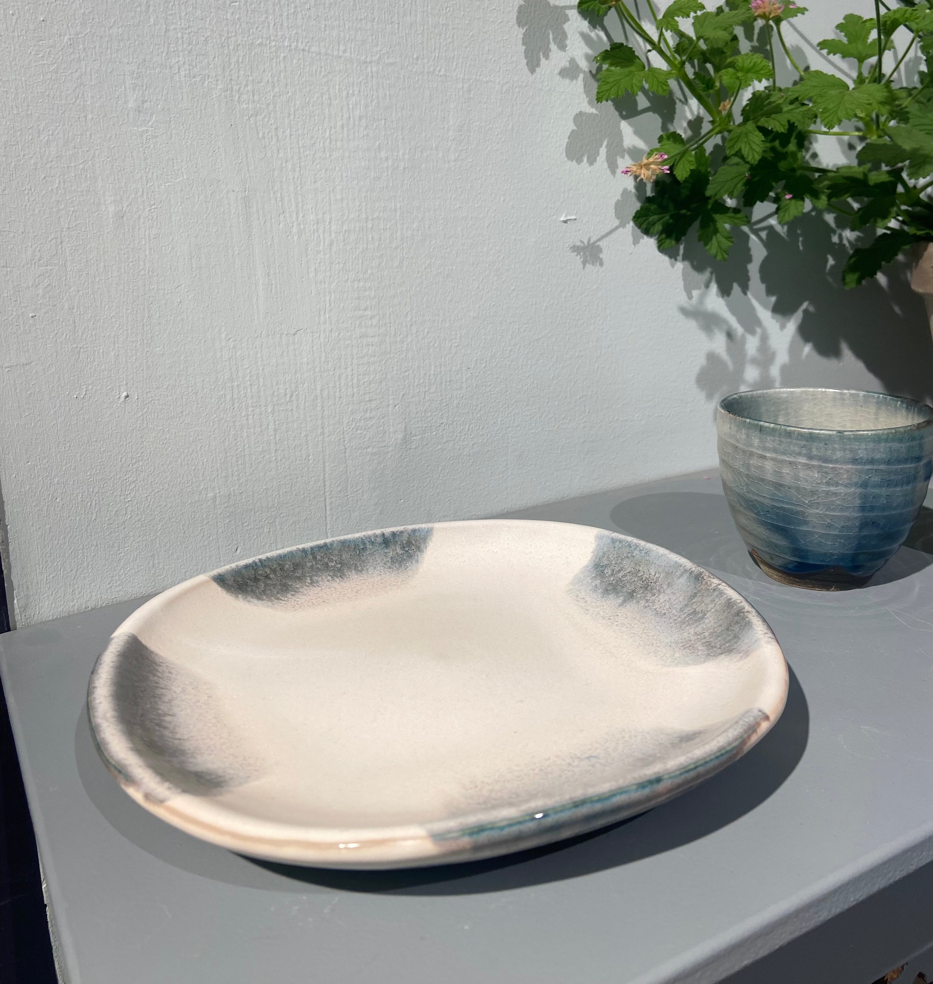 Handmade dish white with blue-grey glaze