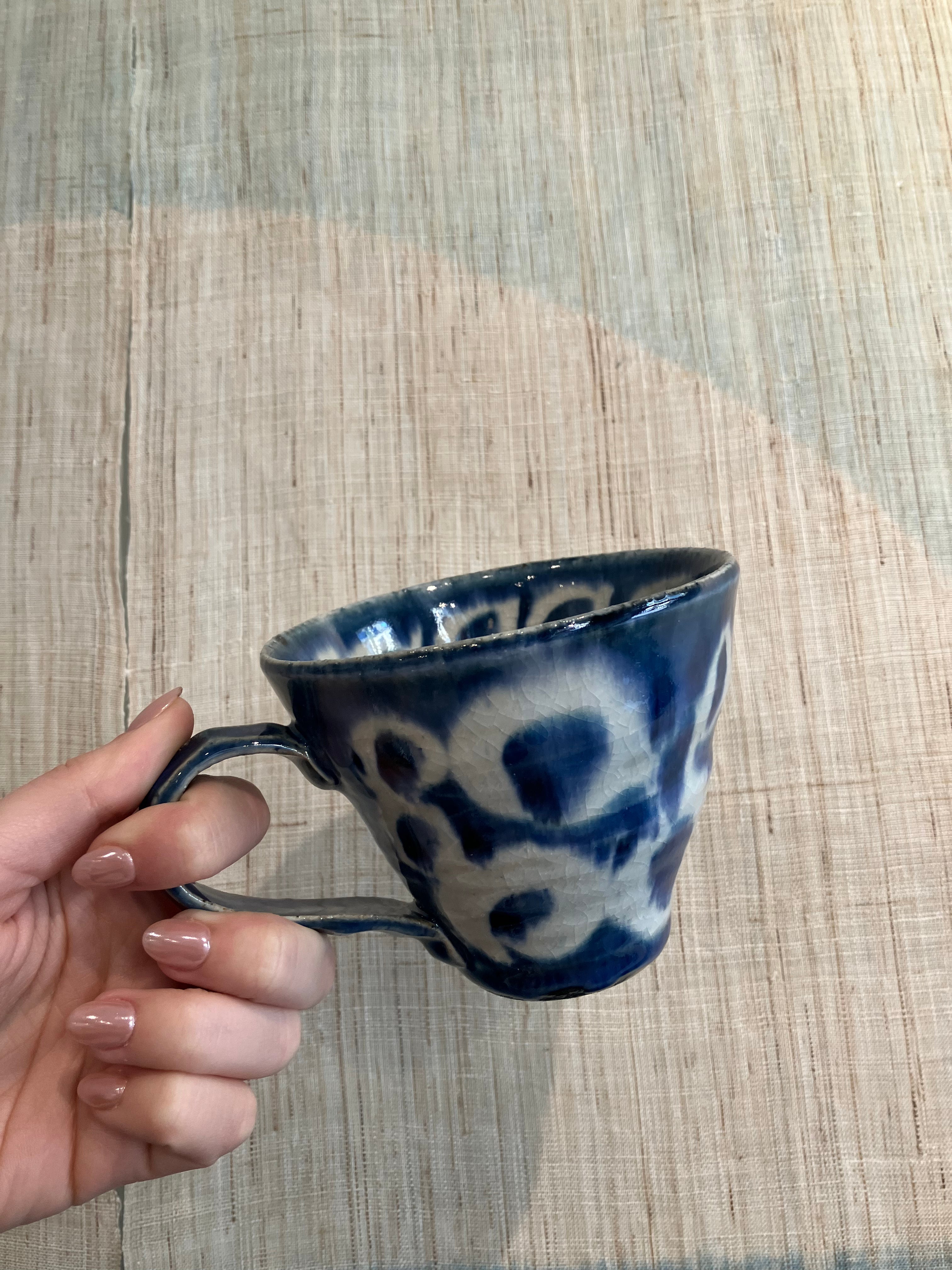 Large Japanese cup with blue glaze and white circles