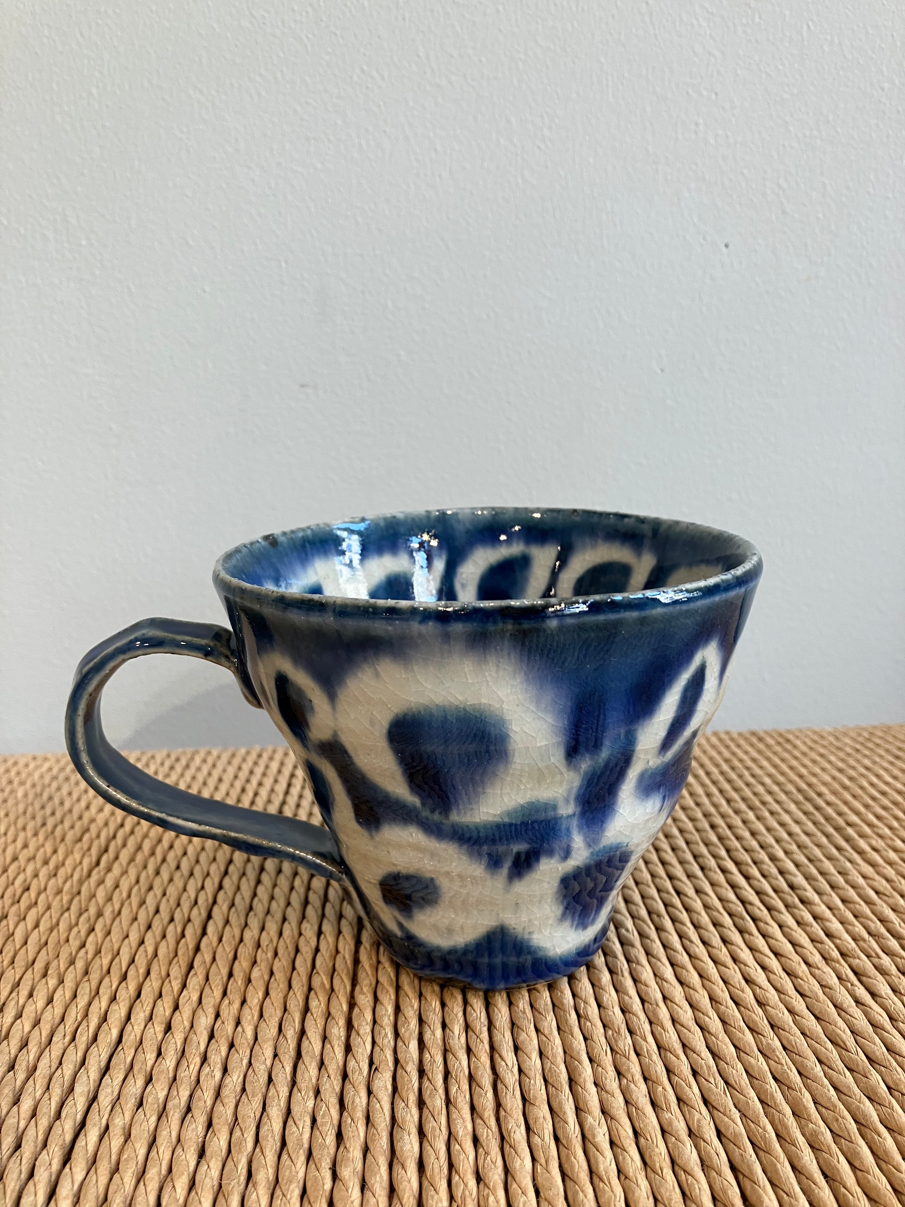 Large Japanese cup with blue glaze and white circles